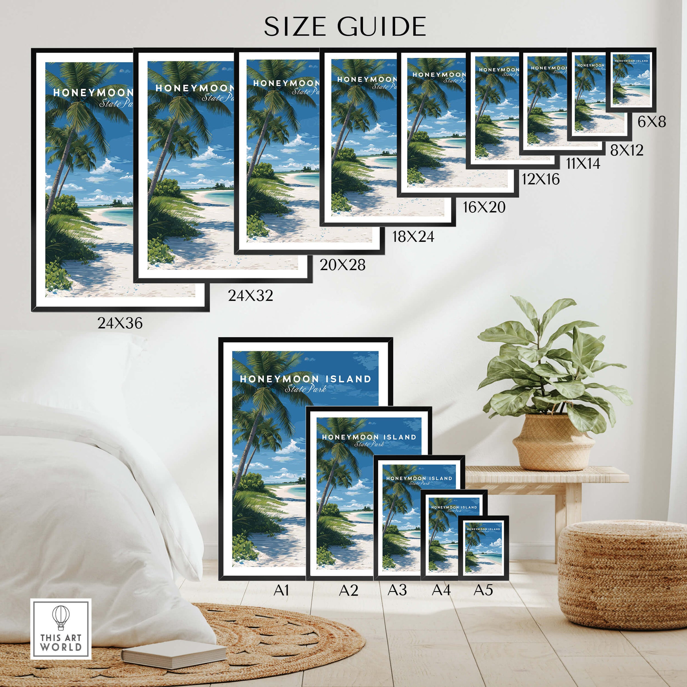 Honeymoon Island Travel Poster | Florida Beach Wall Art Print size guide showcasing various print sizes.