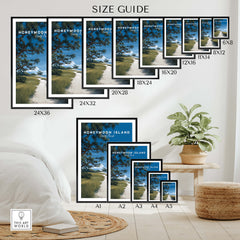 Honeymoon Island Wall Art Print | Florida Travel Poster size guide showing various frame sizes.