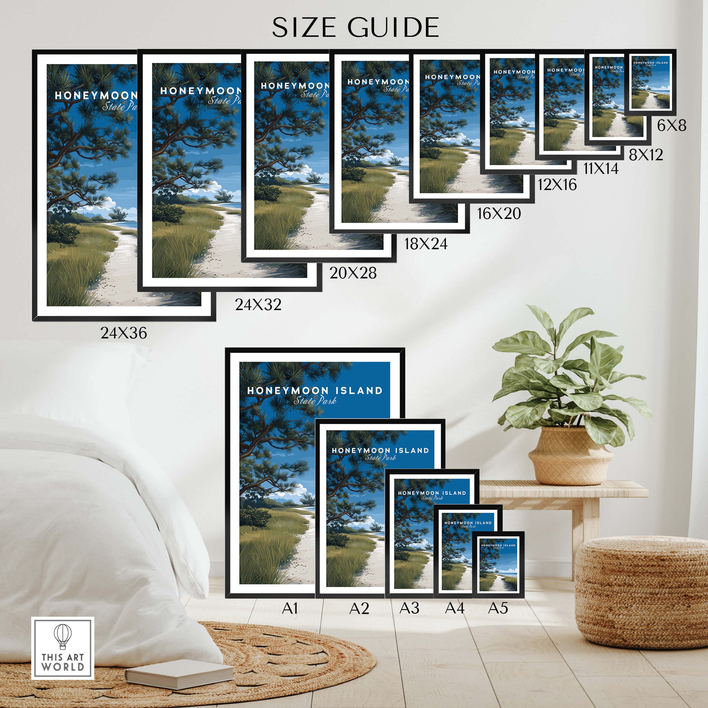 Honeymoon Island Wall Art Print | Florida Travel Poster size guide showing various frame sizes.