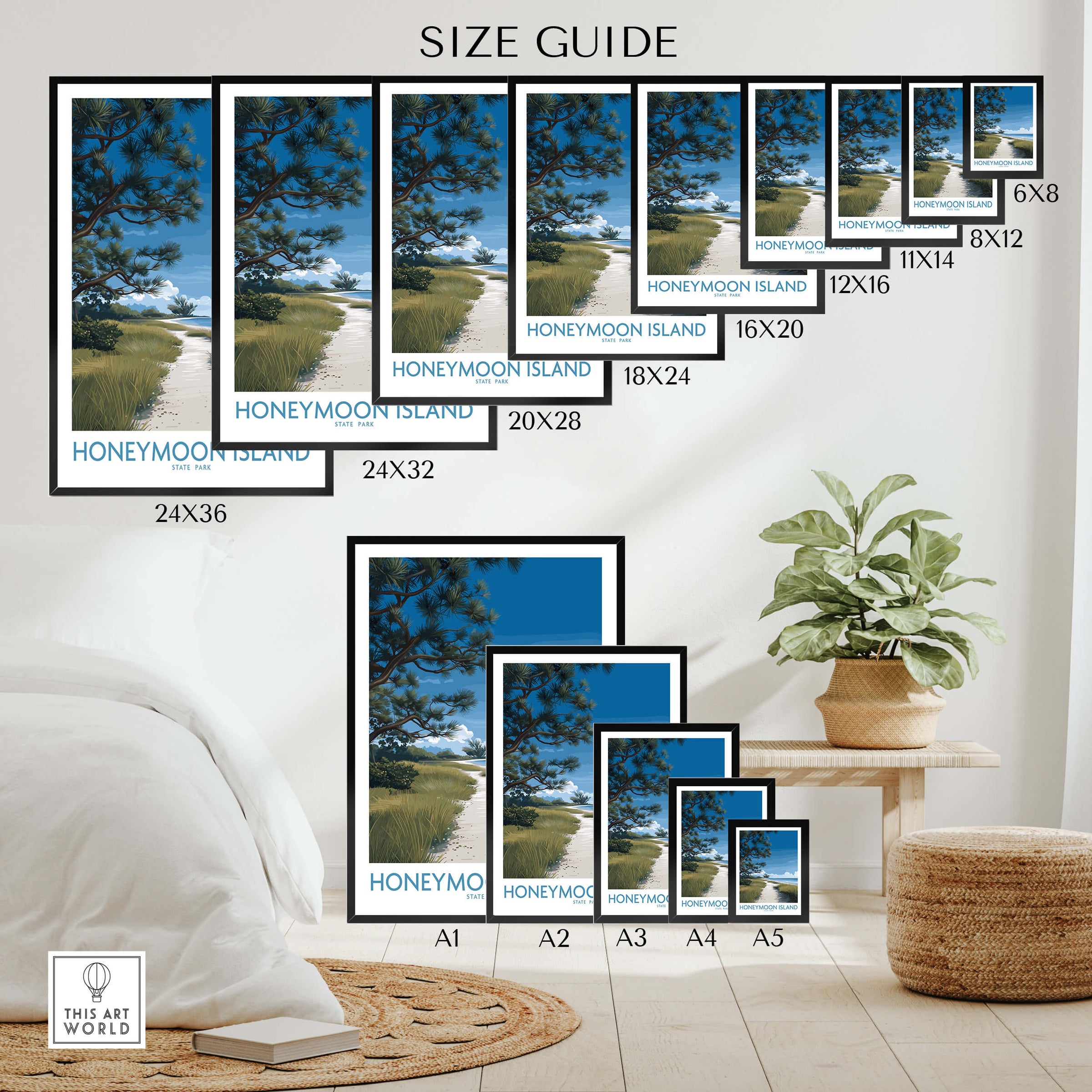 Honeymoon Island Florida Poster | Gulf Coast Landscape Canvas Print size guide showcasing various dimensions.
