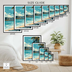 Honolulu Wall Art Print | Waikiki Beach Hawaii Travel Poster size guide showcasing various frame sizes.