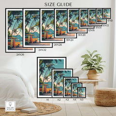 Honolulu Hawaii Travel Poster | Surf Van Beach Wall Art Print size guide featuring various frame options.
