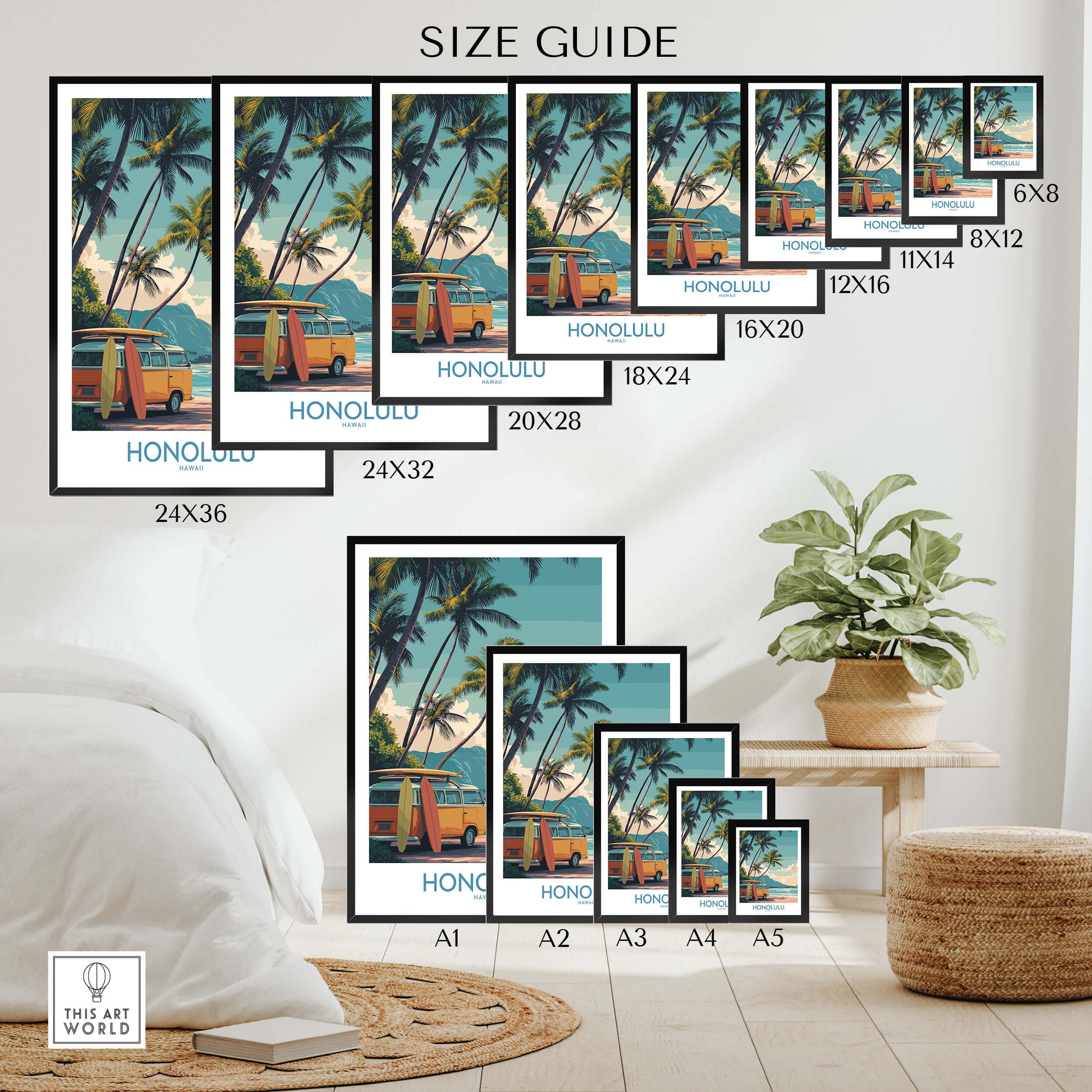 Honolulu Hawaii Poster | Vintage Aloha Style Canvas Print size guide with various frame sizes and palm tree imagery.