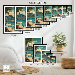 Honolulu Hawaii Wall Art Print | Waikiki Beach Surf Travel Poster size guide showing various print dimensions and styles.