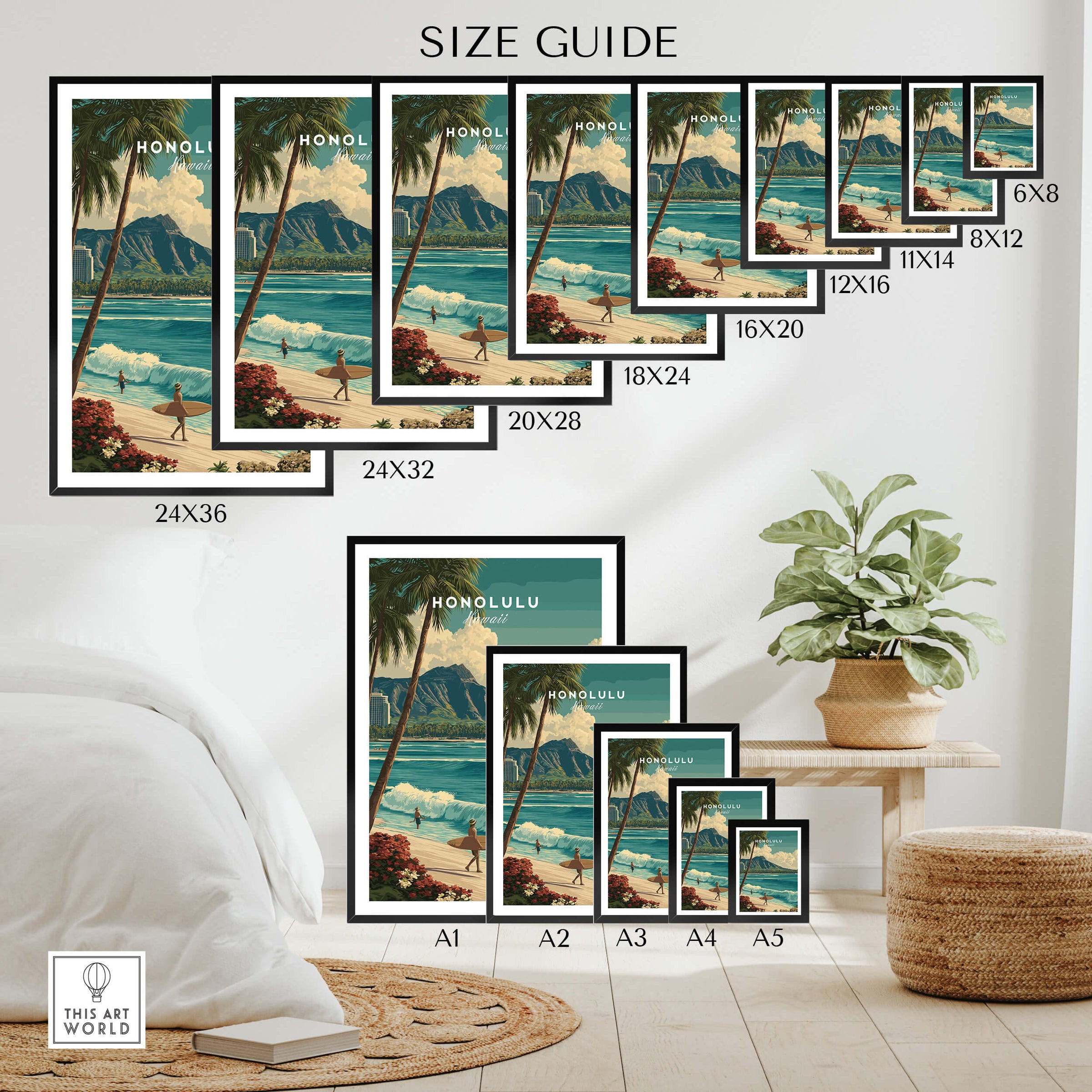 Honolulu Hawaii Wall Art Print | Waikiki Beach Surf Travel Poster size guide showing various print dimensions and styles.