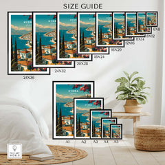 Hydra Greece Wall Art Print | Mediterranean Coastal Town Travel Poster Size Guide with framed art print options.