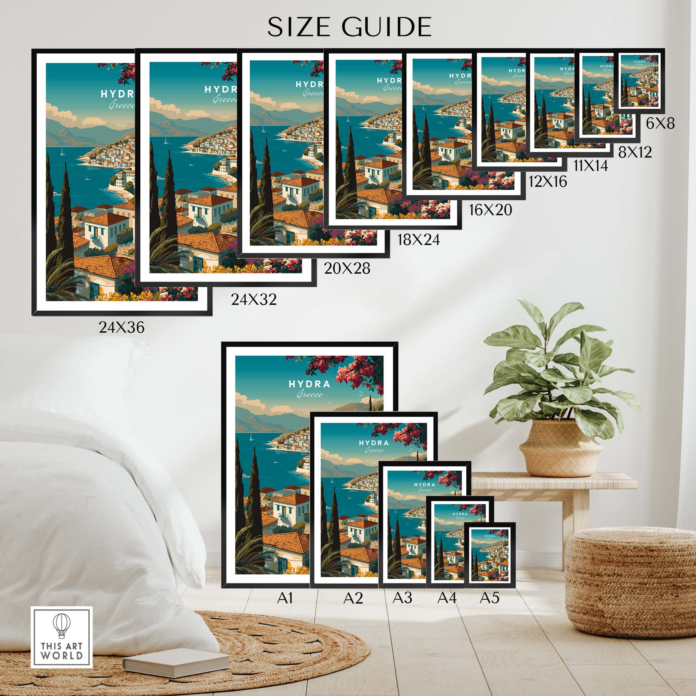 Hydra Greece Wall Art Print | Mediterranean Coastal Town Travel Poster Size Guide with framed art print options.