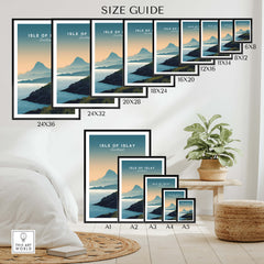 Isle of Islay Scotland Travel Poster size guide showcasing various print dimensions in a cozy interior setting.