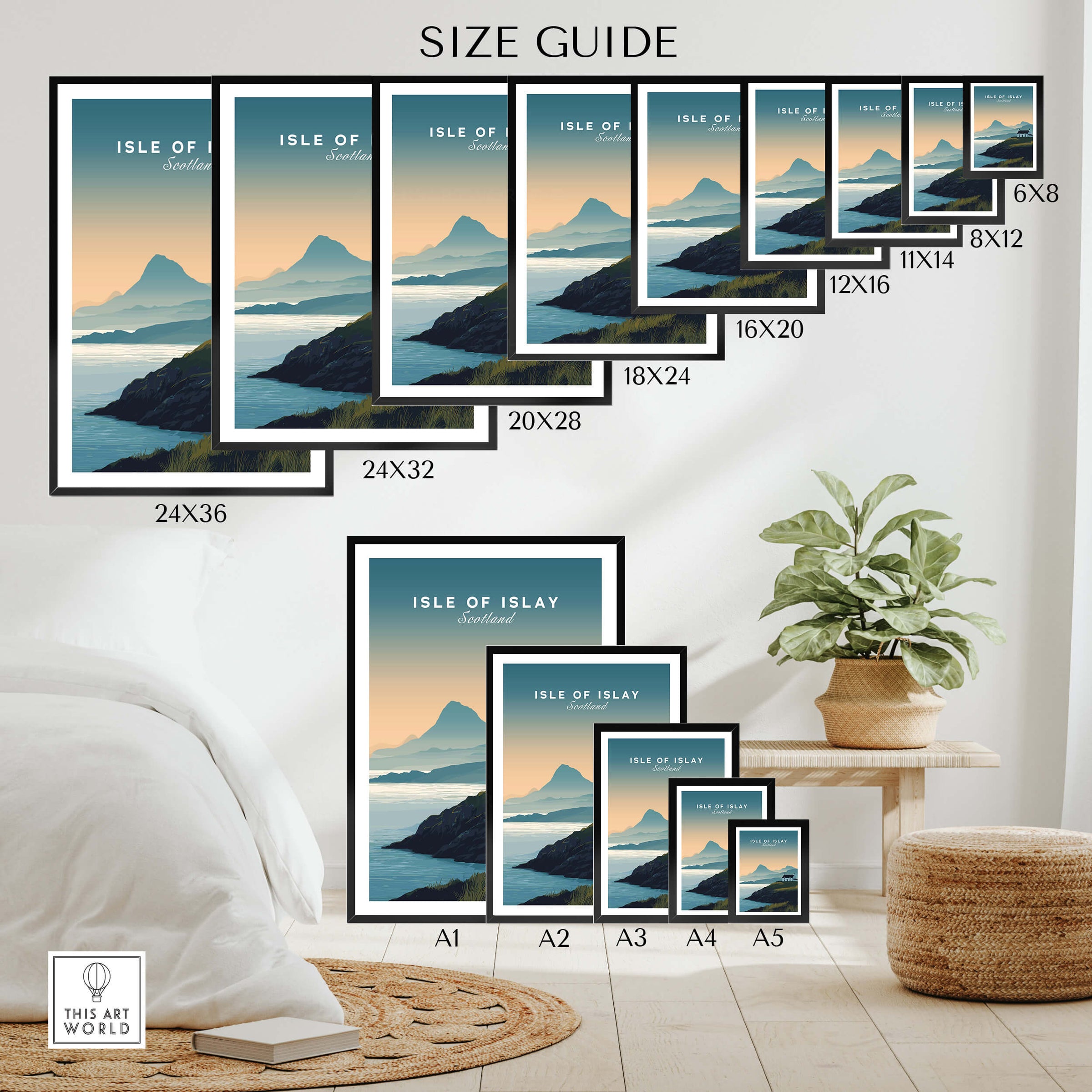 Isle of Islay Scotland Travel Poster size guide showcasing various print dimensions in a cozy interior setting.