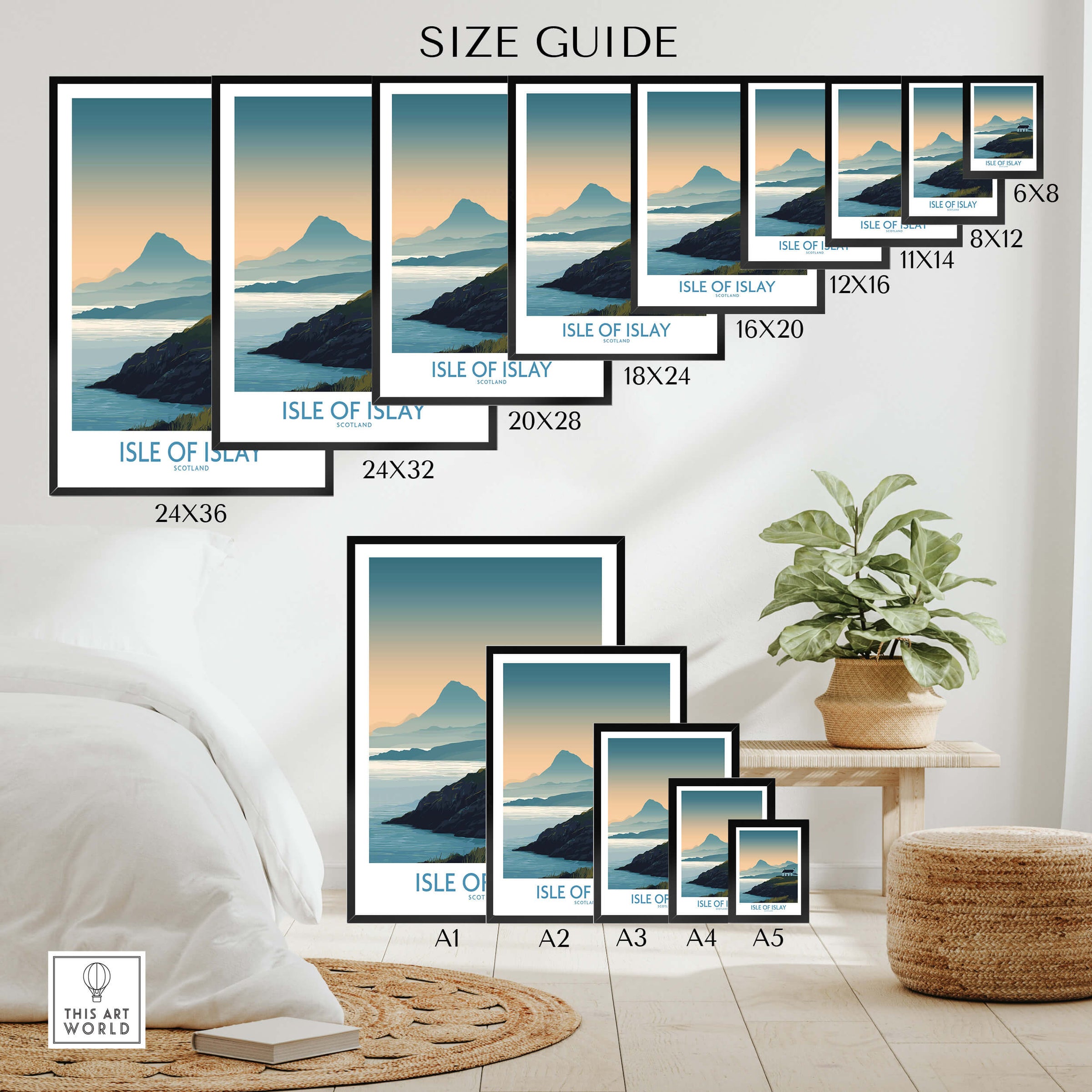 Isle of Islay Scotland Canvas & Art Print size guide showcasing different frame sizes and wall arrangement