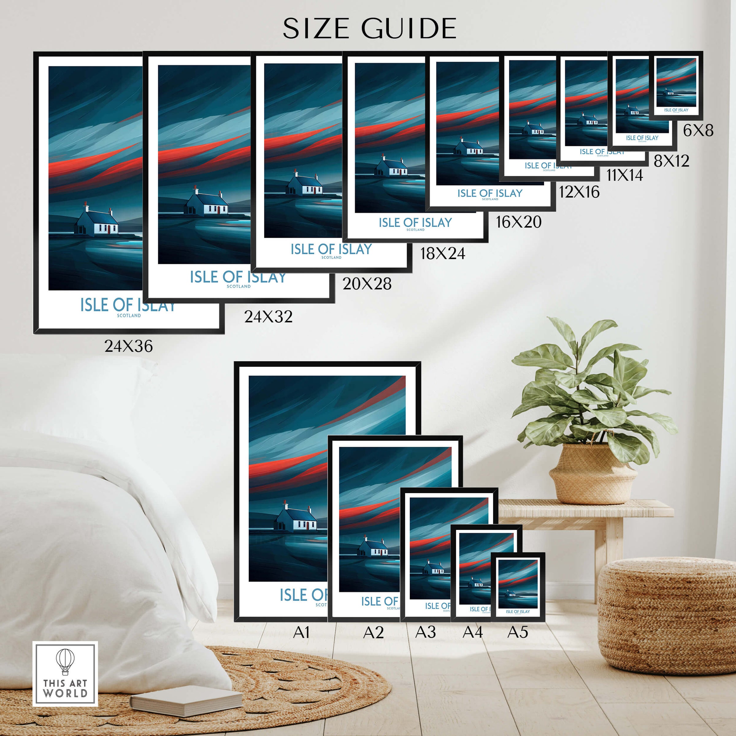 Isle of Islay Scotland Posters | Vibrant Scottish Island Scene Canvas Print size guide showing various frame sizes for the artwork.
