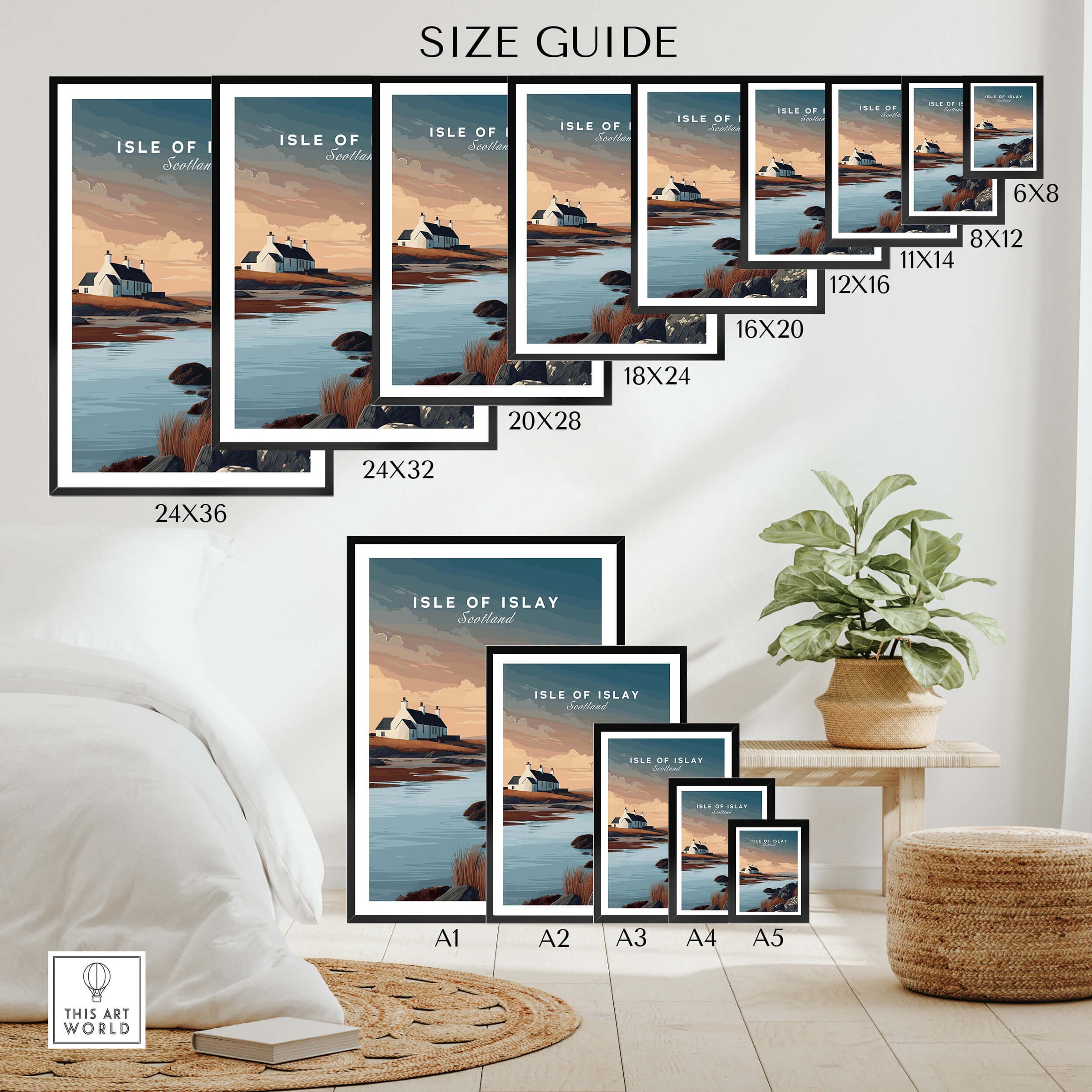 Isle of Islay Scotland Travel Posters | Scenic Coastal Cottage Wall Art Print size guide and display options