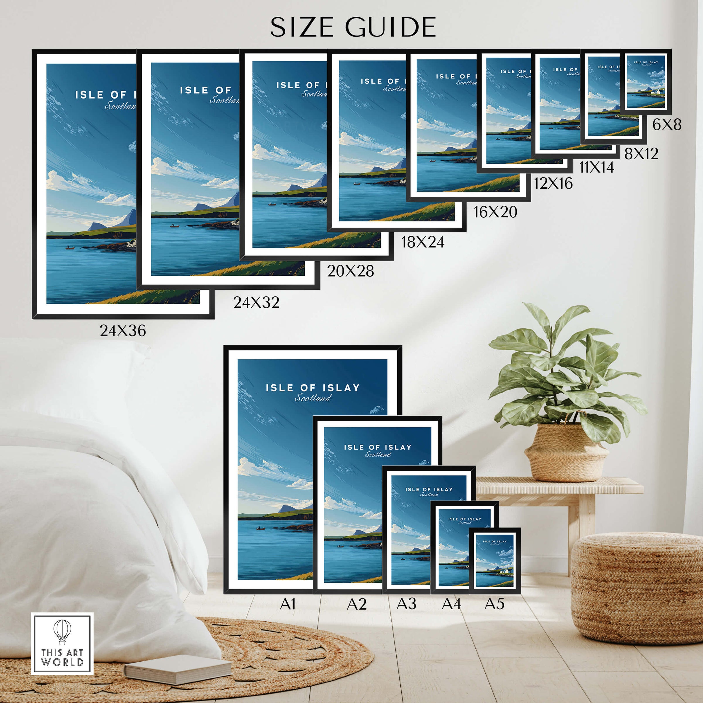 Isle of Islay Scotland Travel Posters | Sunny Coastal Wall Art Print Size Guide for Various Framed Prints