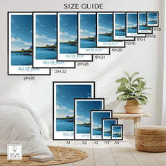 Isle of Islay Scotland Canvas Print | Scottish Hebrides Poster size guide featuring various frame dimensions.
