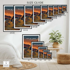 Isle of Lewis Scotland Travel Poster | Blackhouse Village Wall Art Print size guide featuring various frame dimensions.