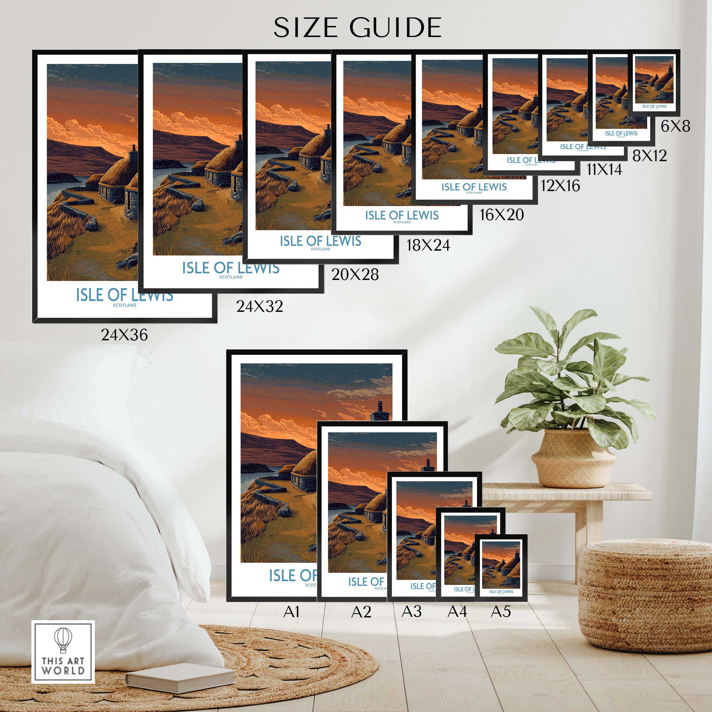 Isle of Lewis Scotland Canvas Print | Outer Hebrides Norse Mill Poster size guide with various frame dimensions.