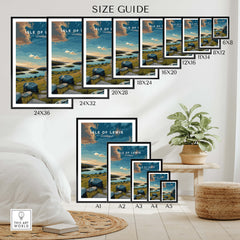 Isle of Lewis Scotland Travel Poster | Gearrannan Blackhouse Wall Art Print size guide with various frame dimensions.