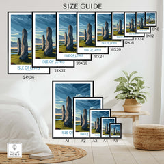 Isle of Lewis Scotland Poster | Ancient Megalithic Site Canvas Print size guide with various frame dimensions.