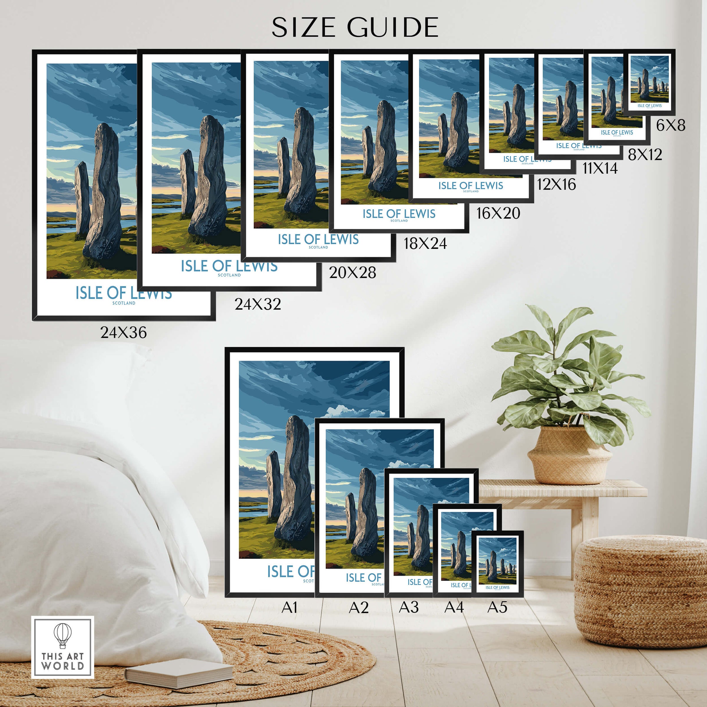 Isle of Lewis Scotland Poster | Ancient Megalithic Site Canvas Print size guide with various frame dimensions.