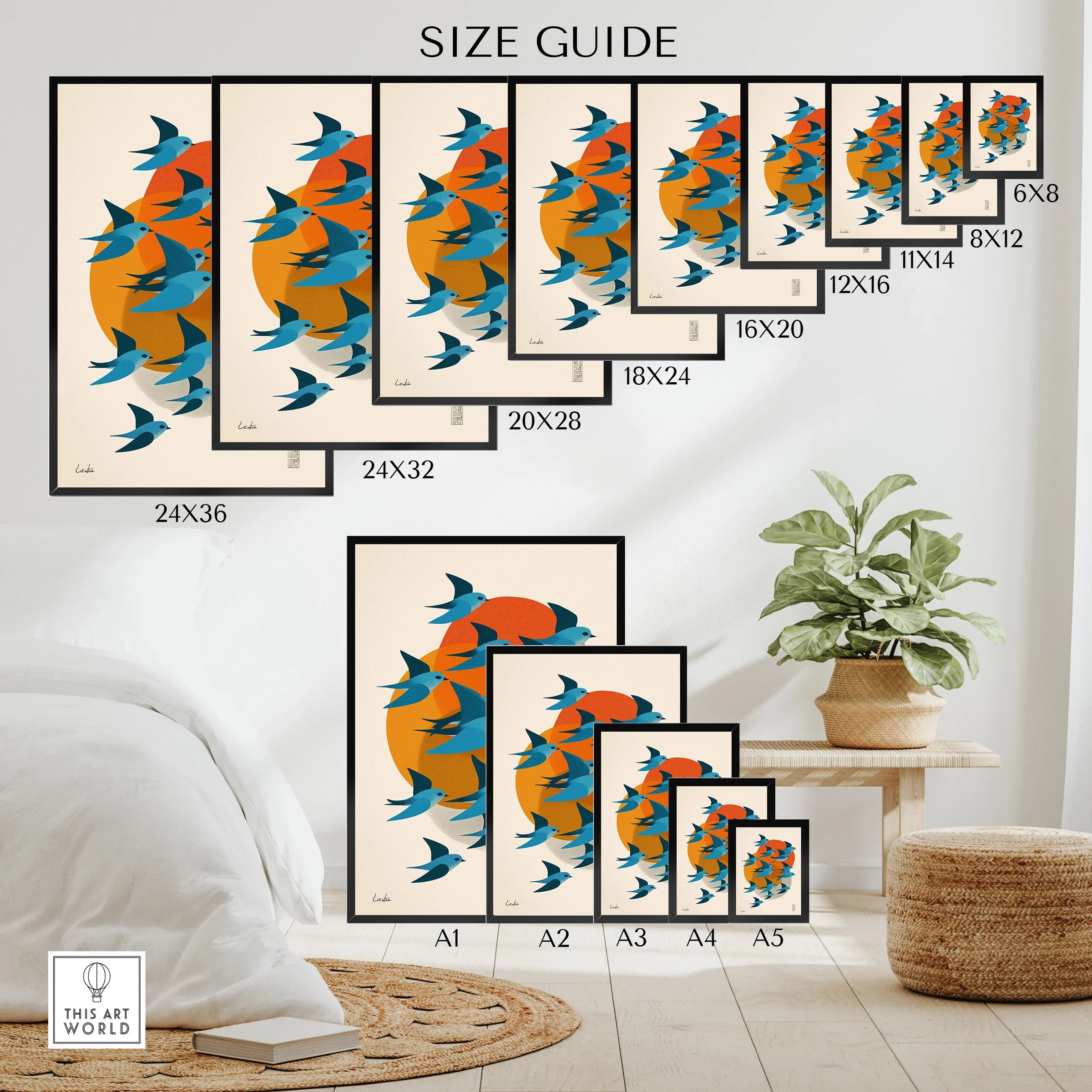 Japan birds wall art poster size guide with colorful swallows and orange sun in modern bedroom.
