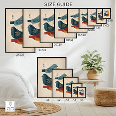 Poster size guide for Japanese bird wall art print in modern home decor setting