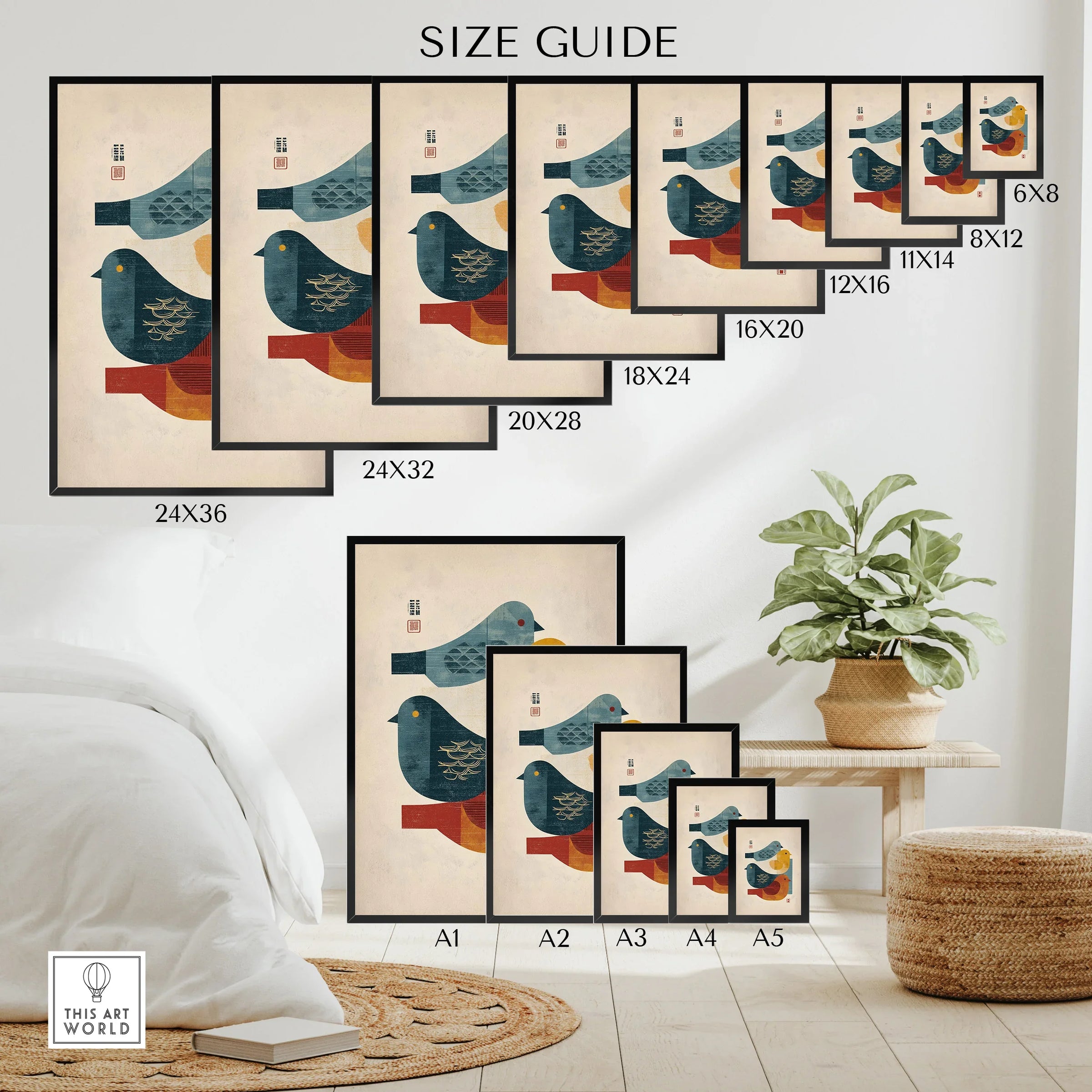 Poster size guide for Japanese bird wall art print in modern home decor setting