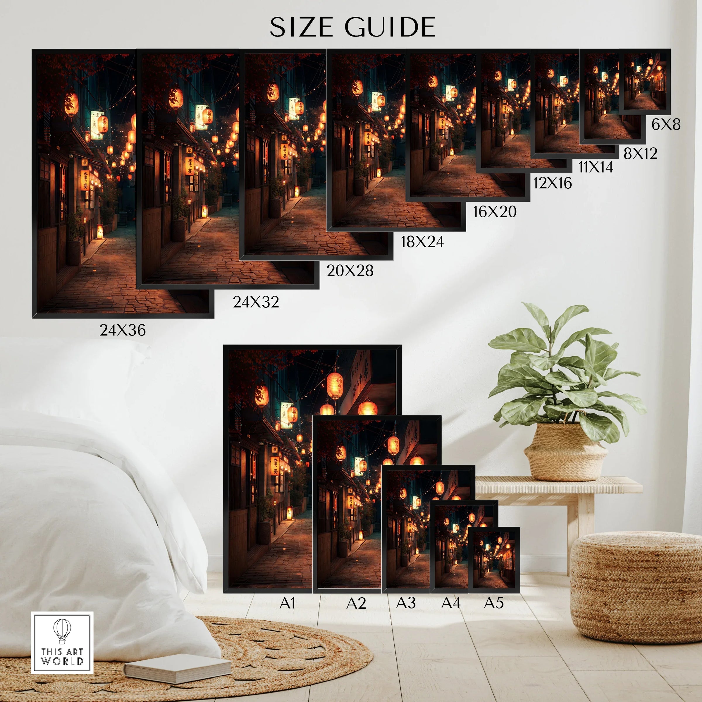 Poster size guide showing Japan street wall art with lanterns in various print sizes.