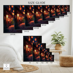 Poster size guide showing a Japanese street scene with glowing lanterns and cozy alley decor.