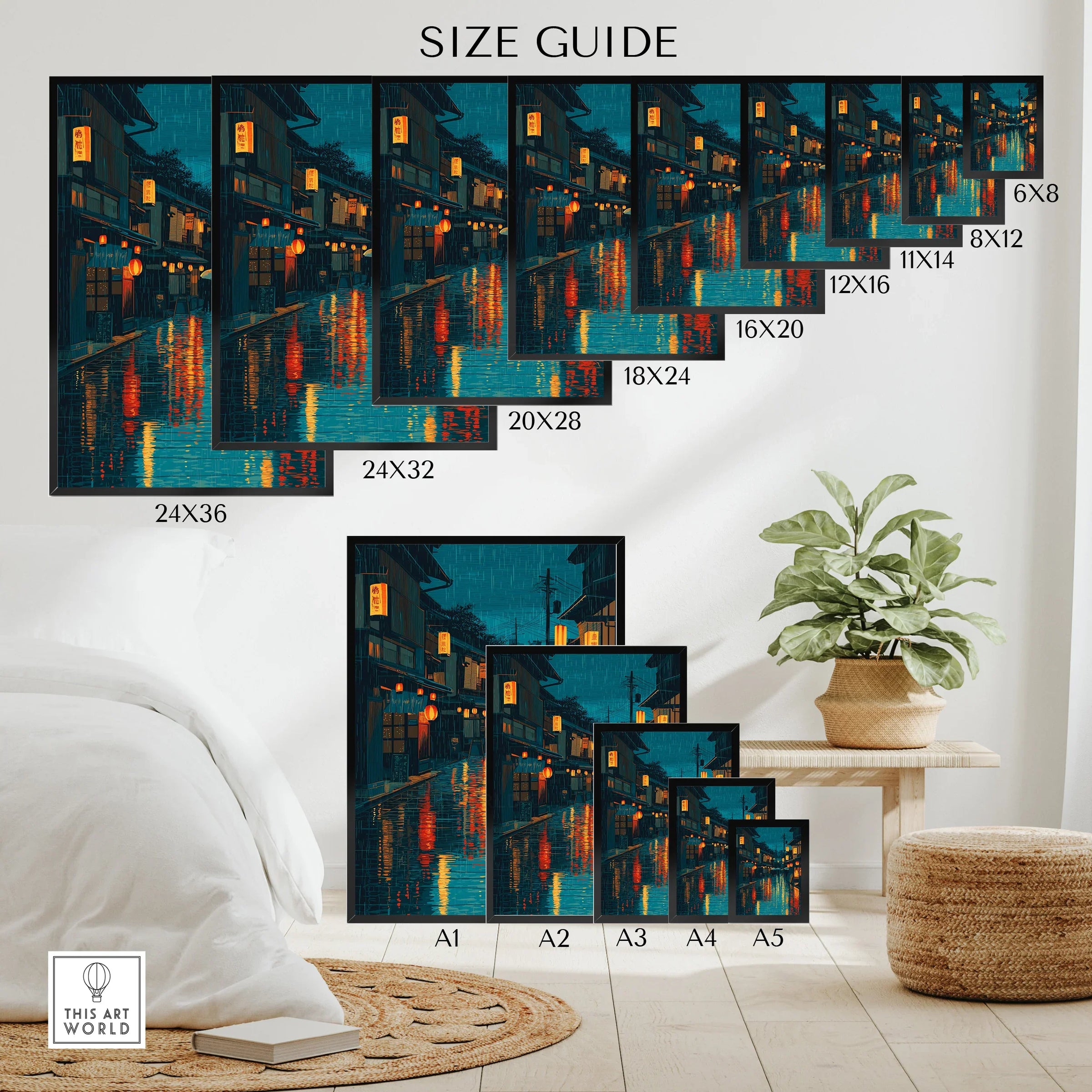 Wall art poster size guide featuring a night-time Japan street scene with lanterns and reflections.