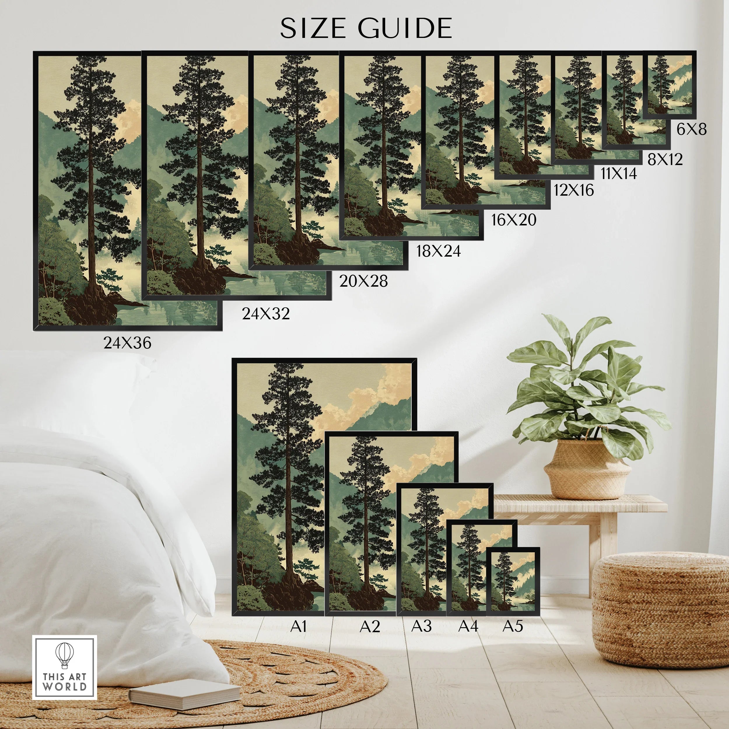【Mori Art Premium】北欧モダン ウェーブアート A3 高級額装 Japanese Pine Tree Mountain Mist Woodblock Style Wall Art – This