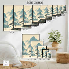 Wall art size guide showing Japanese woodblock landscape poster in various dimensions.