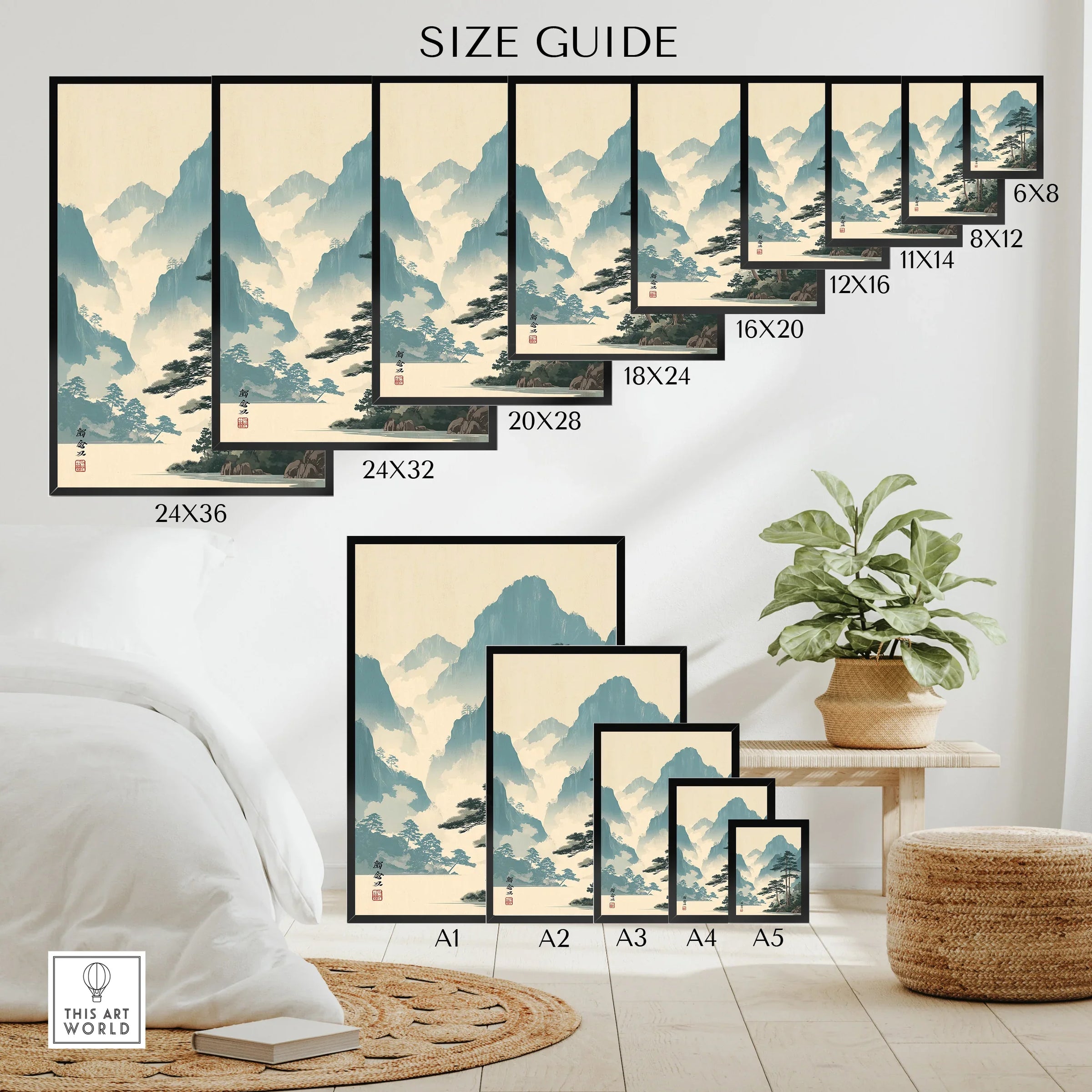 Wall art size guide showing Japanese woodblock landscape poster in various dimensions.