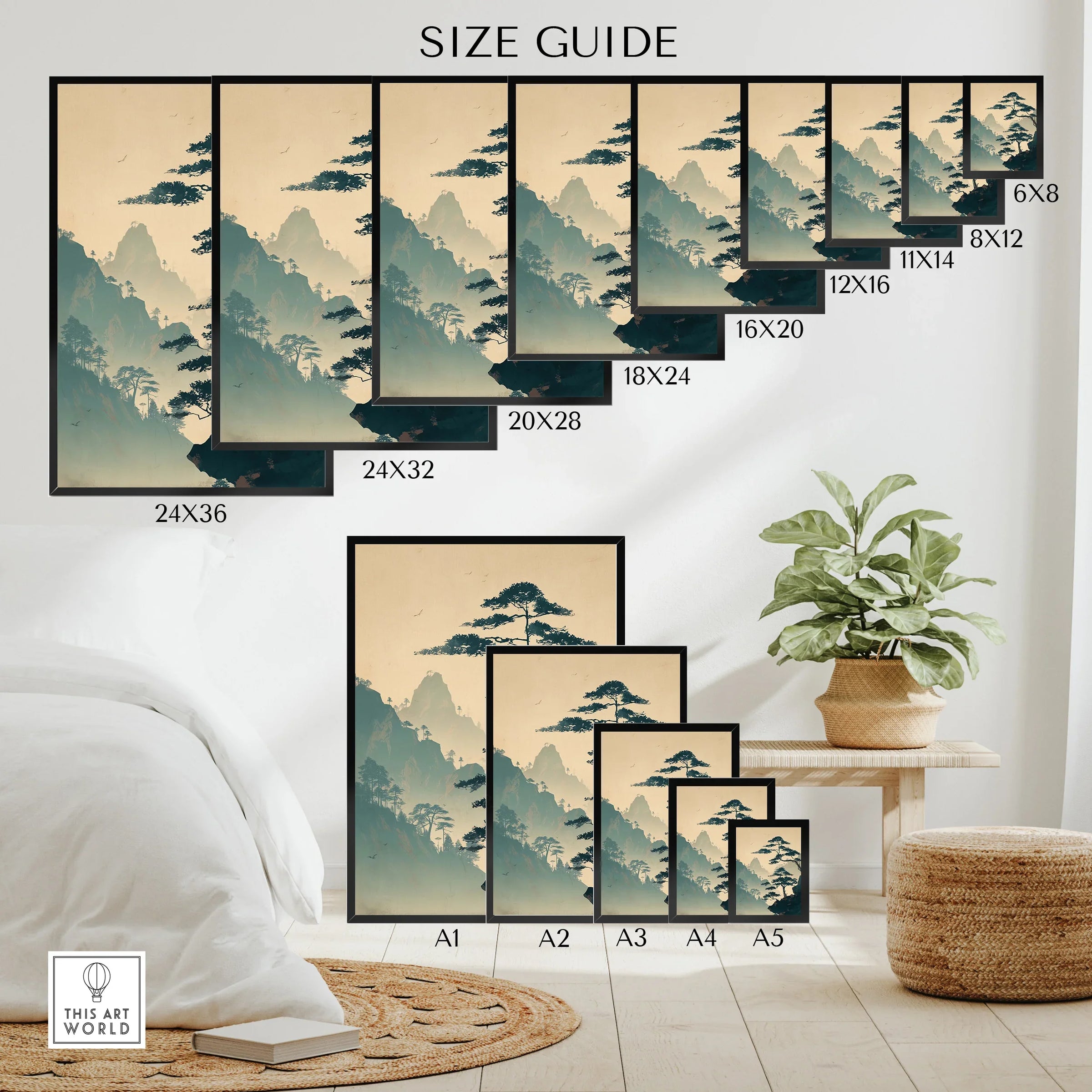 Japanese woodblock mountain wall art poster size guide in modern bedroom setting