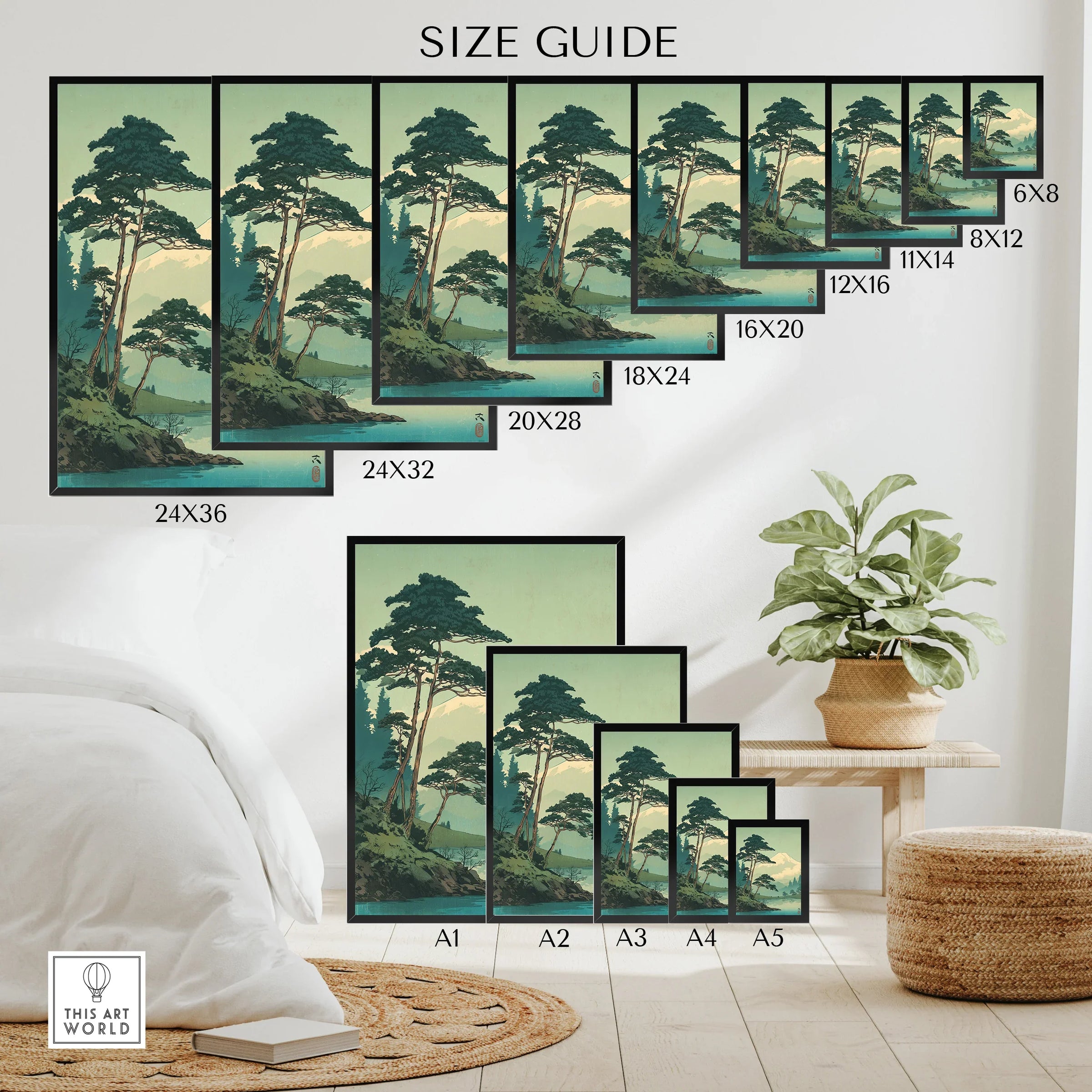 Japanese woodblock landscape wall art size guide, framed prints in bedroom decor