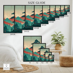 Japanese woodblock mountain landscape wall art size guide with poster sizes displayed on a bedroom wall.