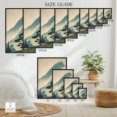 Japanese woodblock mountain wall art poster size guide displayed in modern living room.