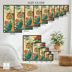 Japanese tiger wall art poster size guide with various print dimensions, bedroom decor
