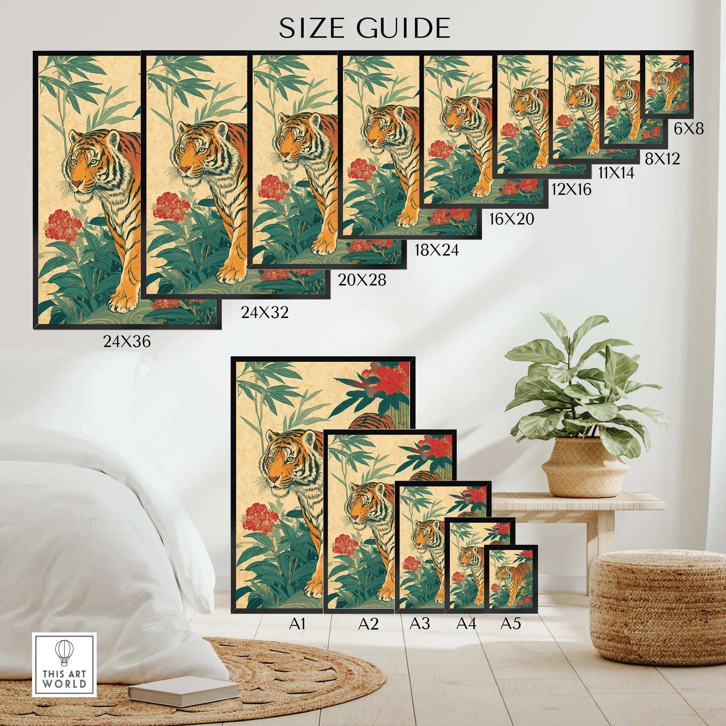 Japanese tiger wall art poster size guide with various print dimensions, bedroom decor