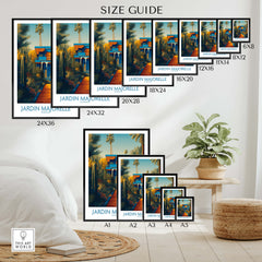 Jardim Majorelle Marrakesh Posters | Vibrant Architecture & Palms Canvas Print size guide with various frame options