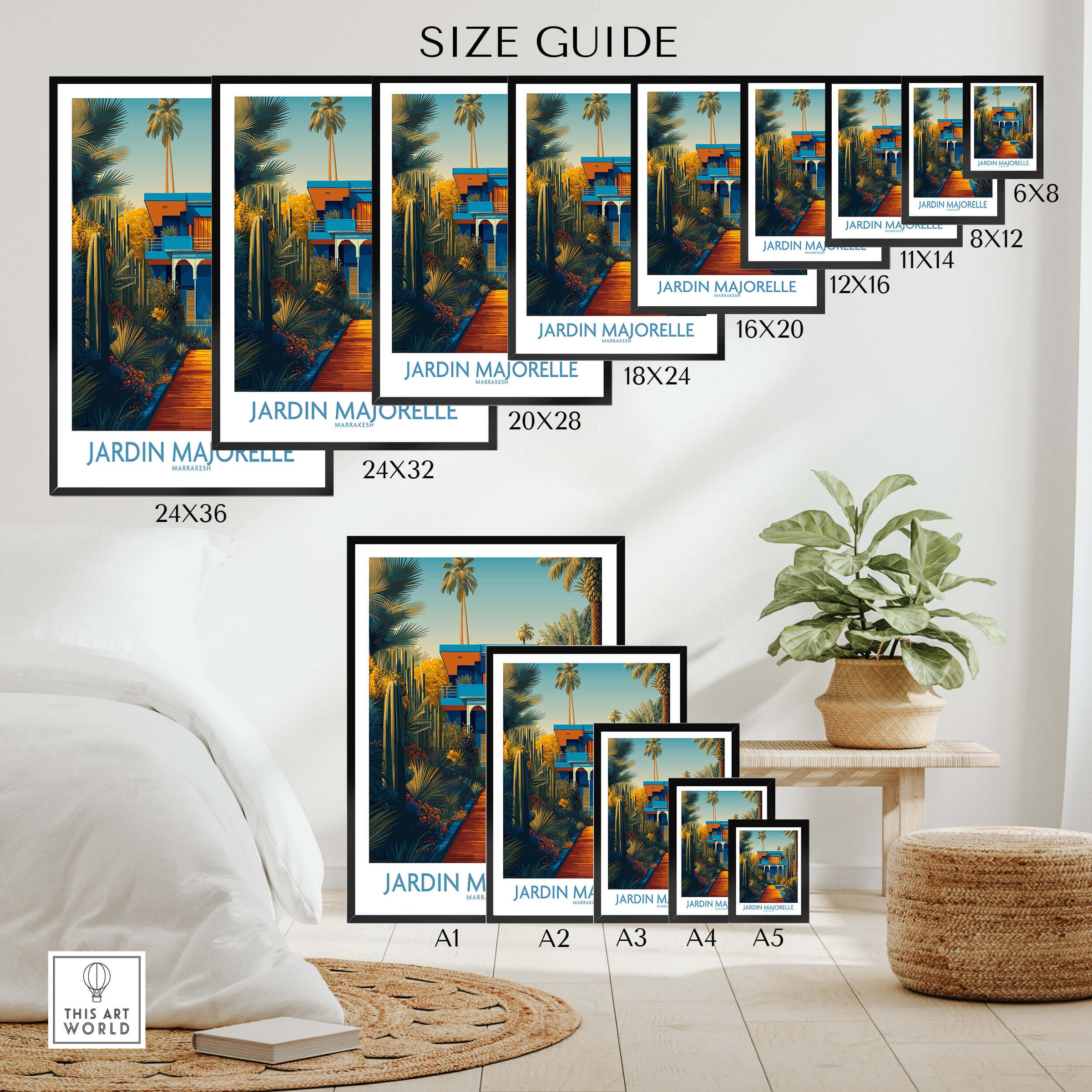 Jardim Majorelle Marrakesh Posters | Vibrant Architecture & Palms Canvas Print size guide with various frame options