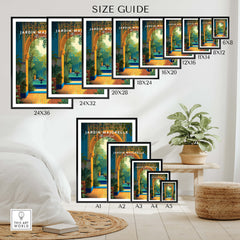 Jardim Majorelle Marrakesh Travel Posters | Moroccan Archway Garden Wall Art Print size guide showing various frame sizes.