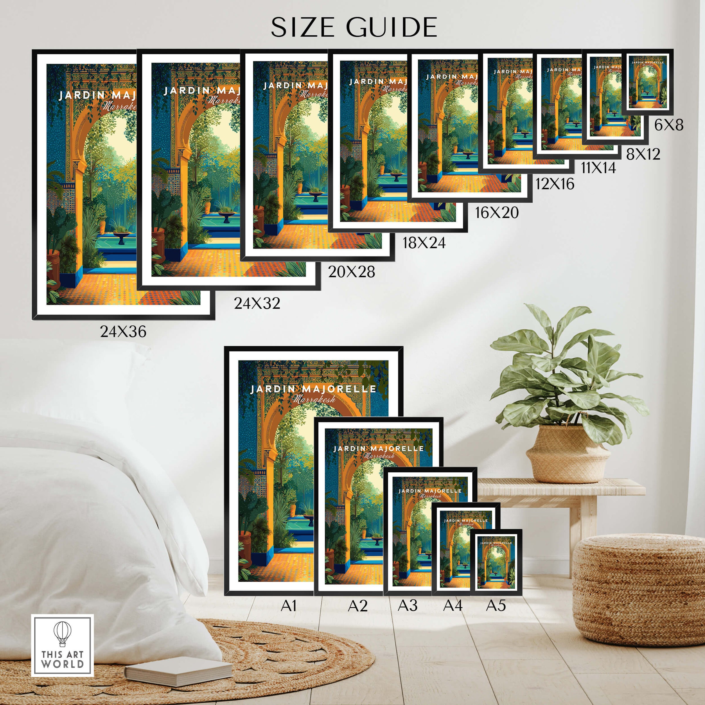 Jardim Majorelle Marrakesh Travel Posters | Moroccan Archway Garden Wall Art Print size guide showing various frame sizes.