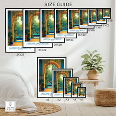 Jardim Majorelle Marrakesh Canvas Print | Tropical Oasis Landscape Poster size guide with various frame sizes.