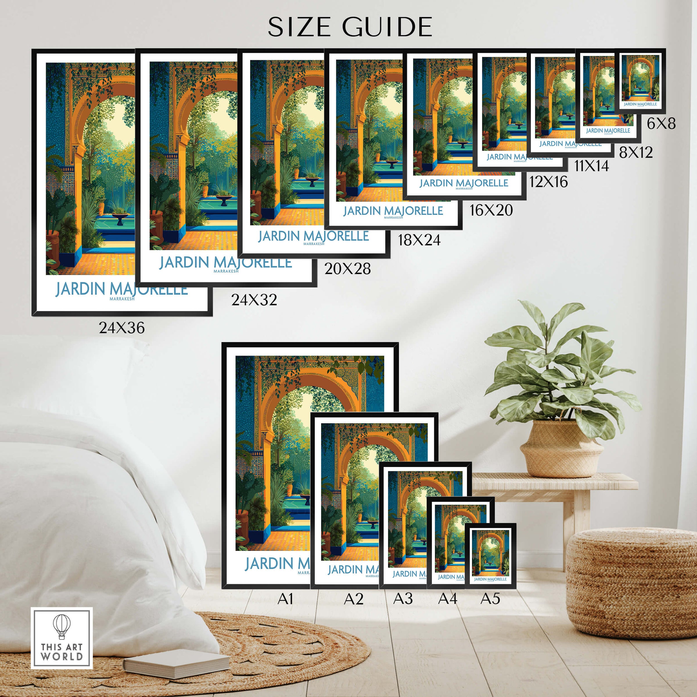 Jardim Majorelle Marrakesh Canvas Print | Tropical Oasis Landscape Poster size guide with various frame sizes.