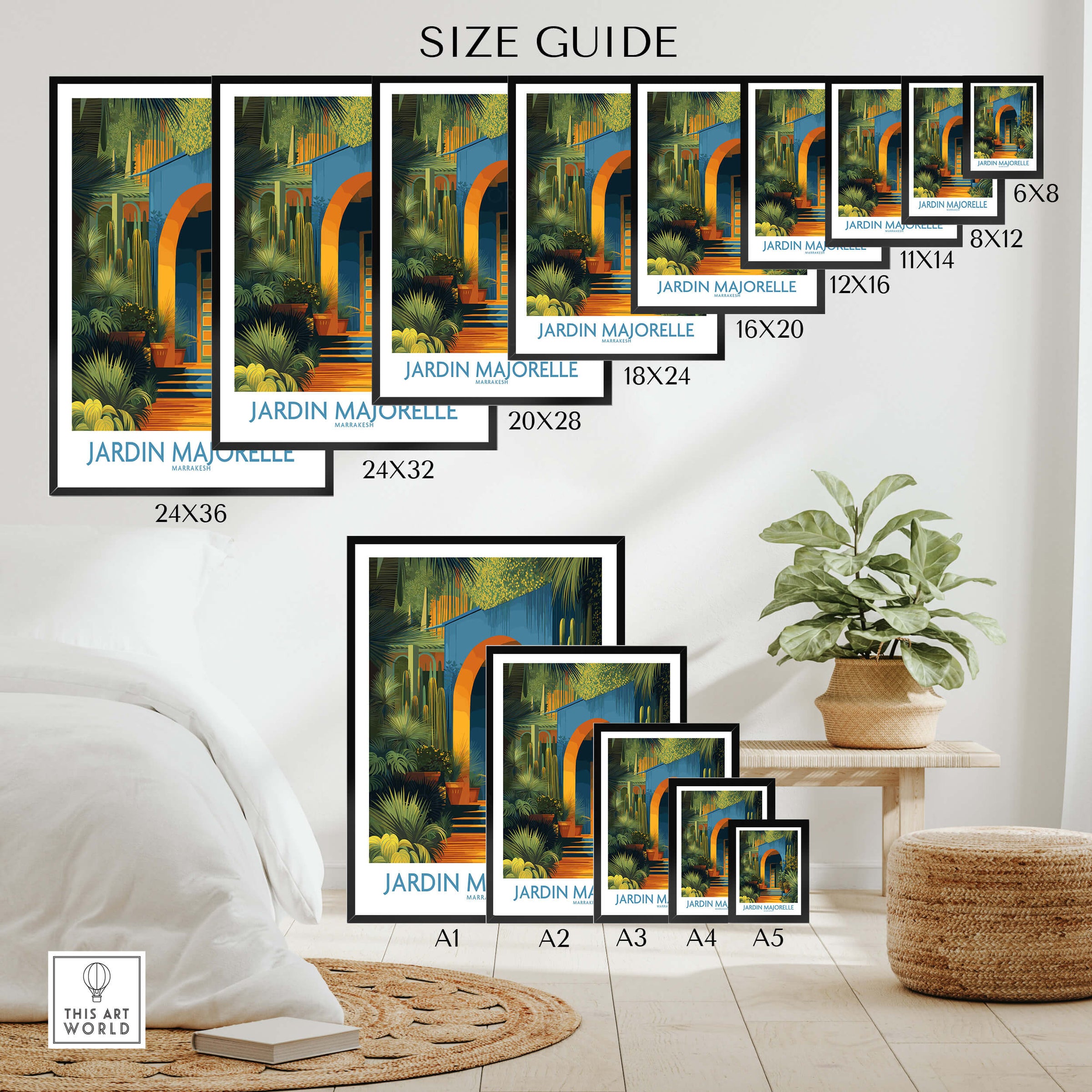 Jardim Majorelle Marrakesh Posters | Canvas Print size guide showcasing various frame sizes.