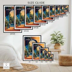 Jardim Majorelle Marrakesh Travel Posters | Garden Fountain Scene Wall Art Print size guide showing various dimensions.