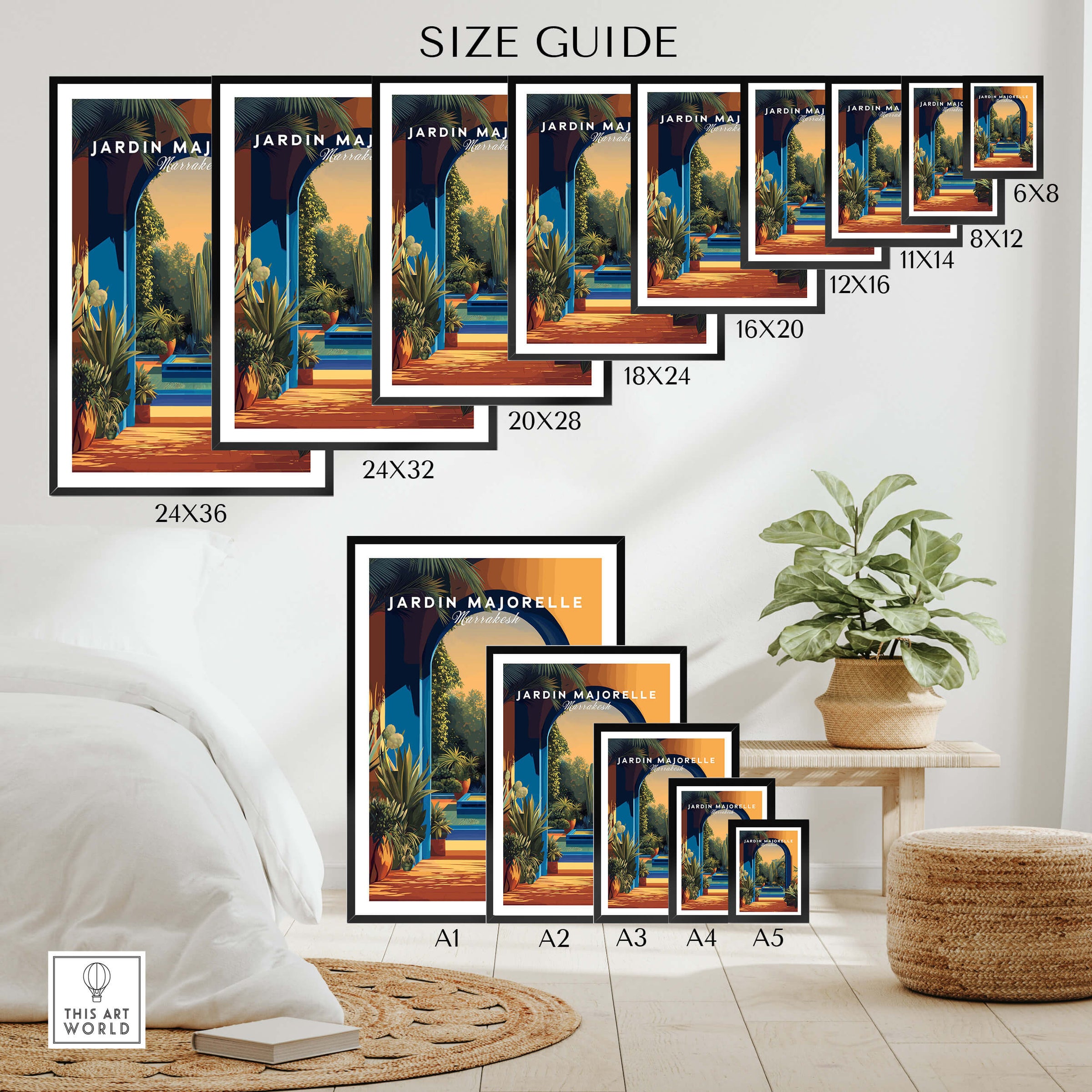 Jardim Majorelle Marrakesh Travel Posters | Garden Fountain Scene Wall Art Print size guide showing various dimensions.