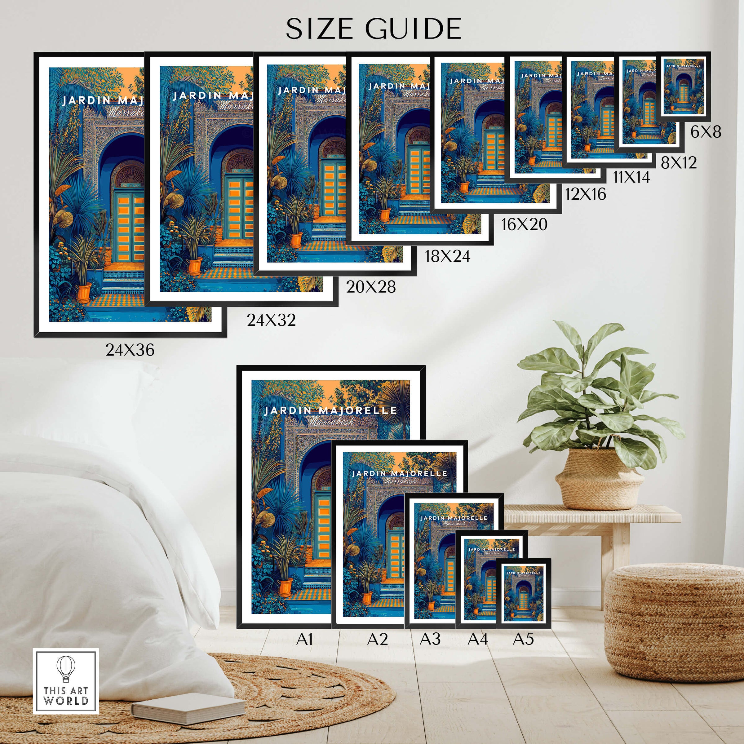 Jardim Majorelle Marrakesh Wall Art Print | Ornate Moroccan Doorway Travel Posters size guide showing various dimensions.