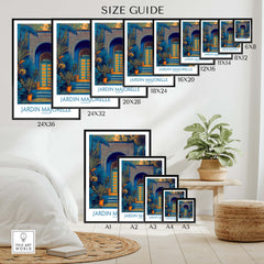 Jardim Majorelle Marrakesh Posters | Detailed Blue Architecture Canvas Print size guide with various frame options.