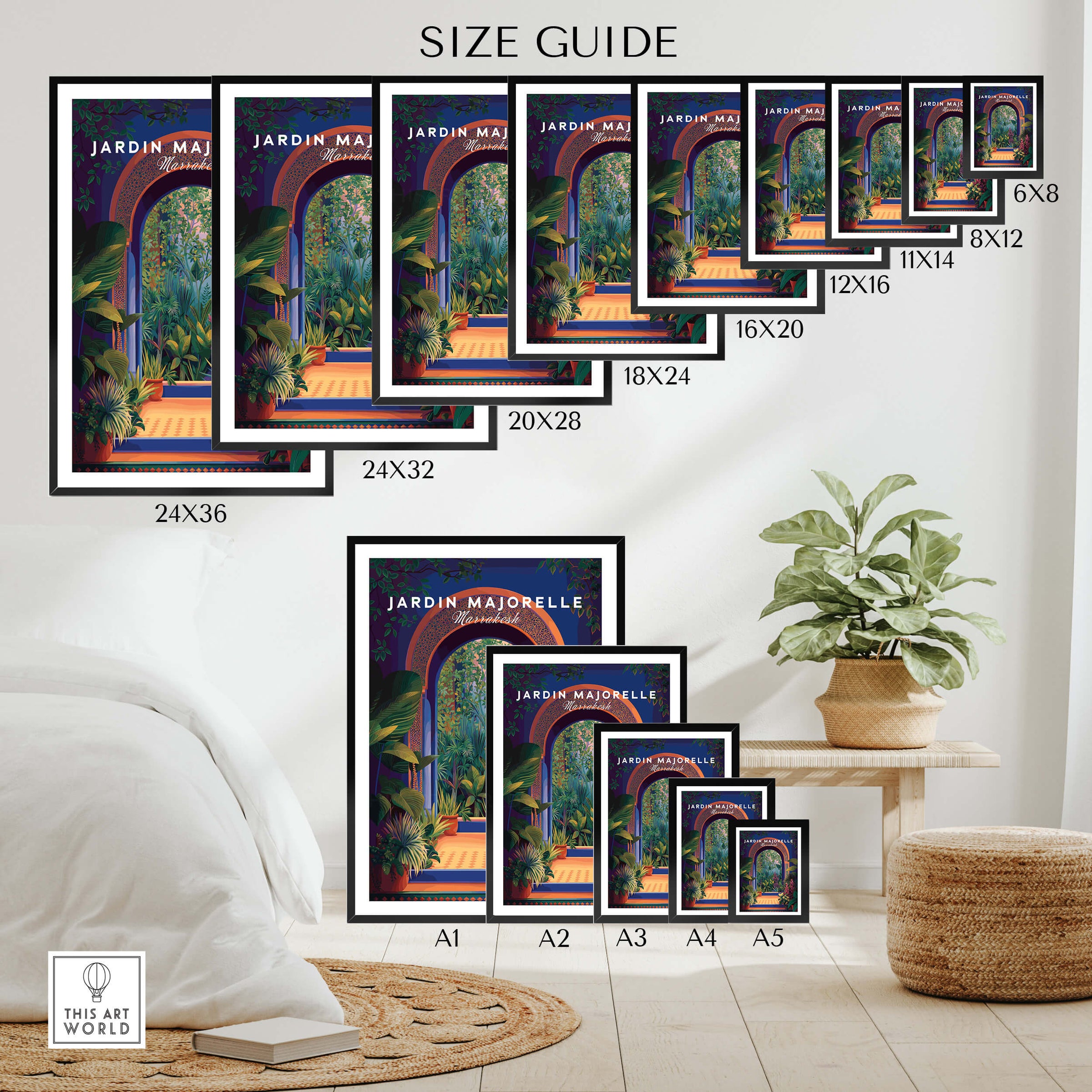 Jardim Majorelle Marrakesh Travel Poster | Lush Tropical Garden Wall Art Print size guide with various framed options.